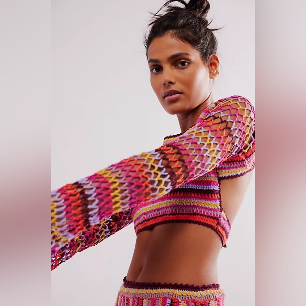 Free People Bali Sunrise Boho Crochet Knit Maxi Skirt and Long Sleeve Top Set - Picture 6 of 12